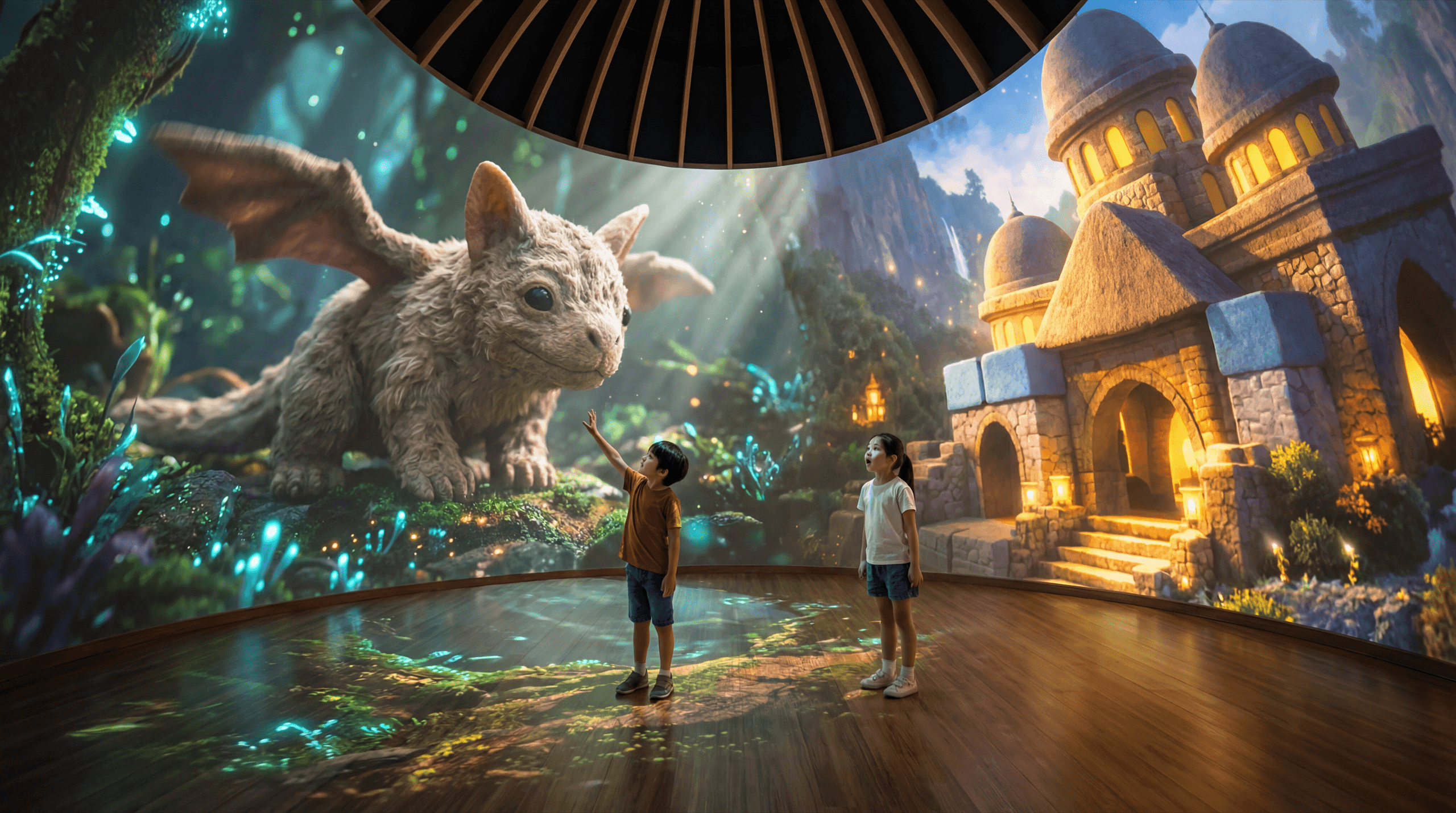 Two kids interacting with a dragon creature in Luminary's immersive room