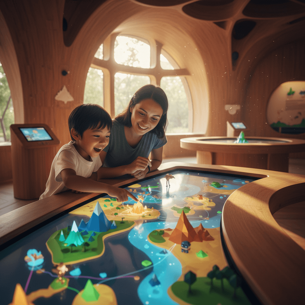 Mother and child at world-building table with projected landscape