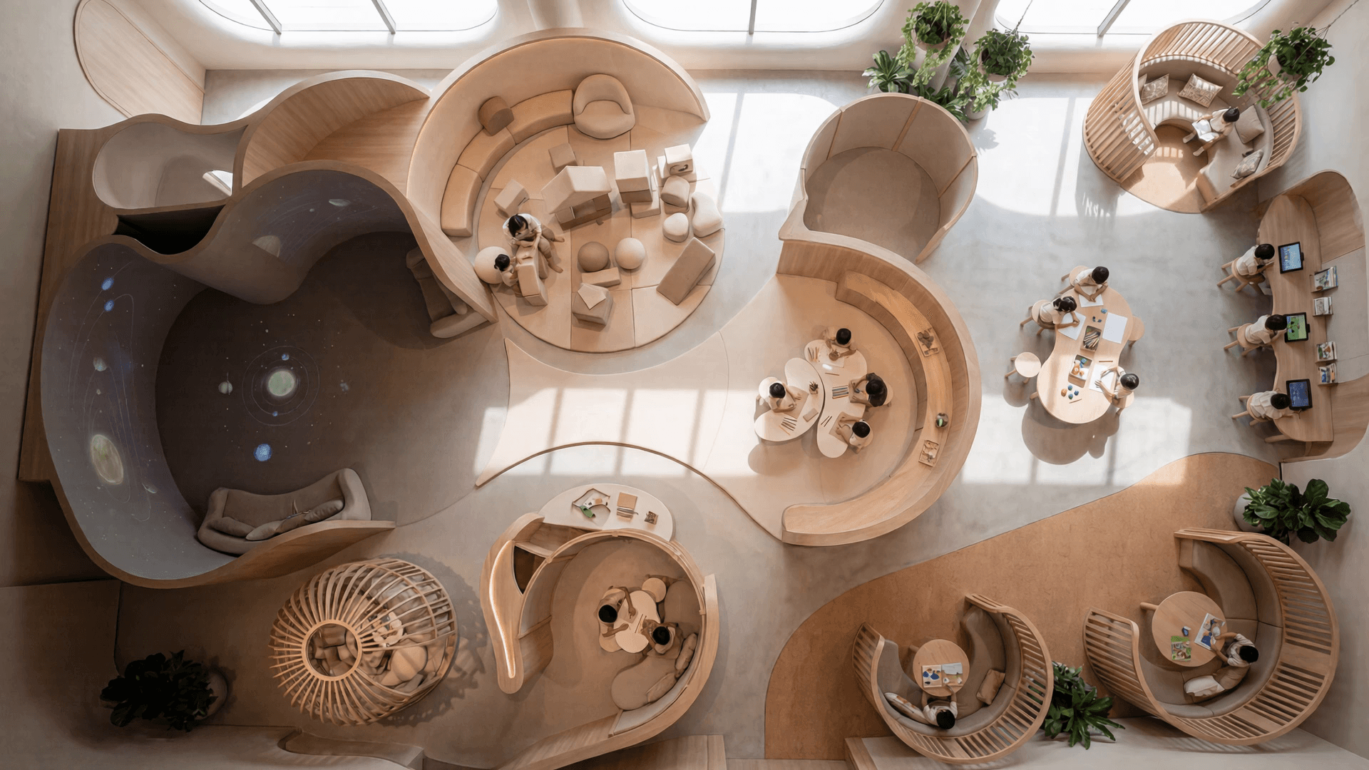 Overhead view of Luminary environment with pods, craft tables, fort blocks, and projection zones
