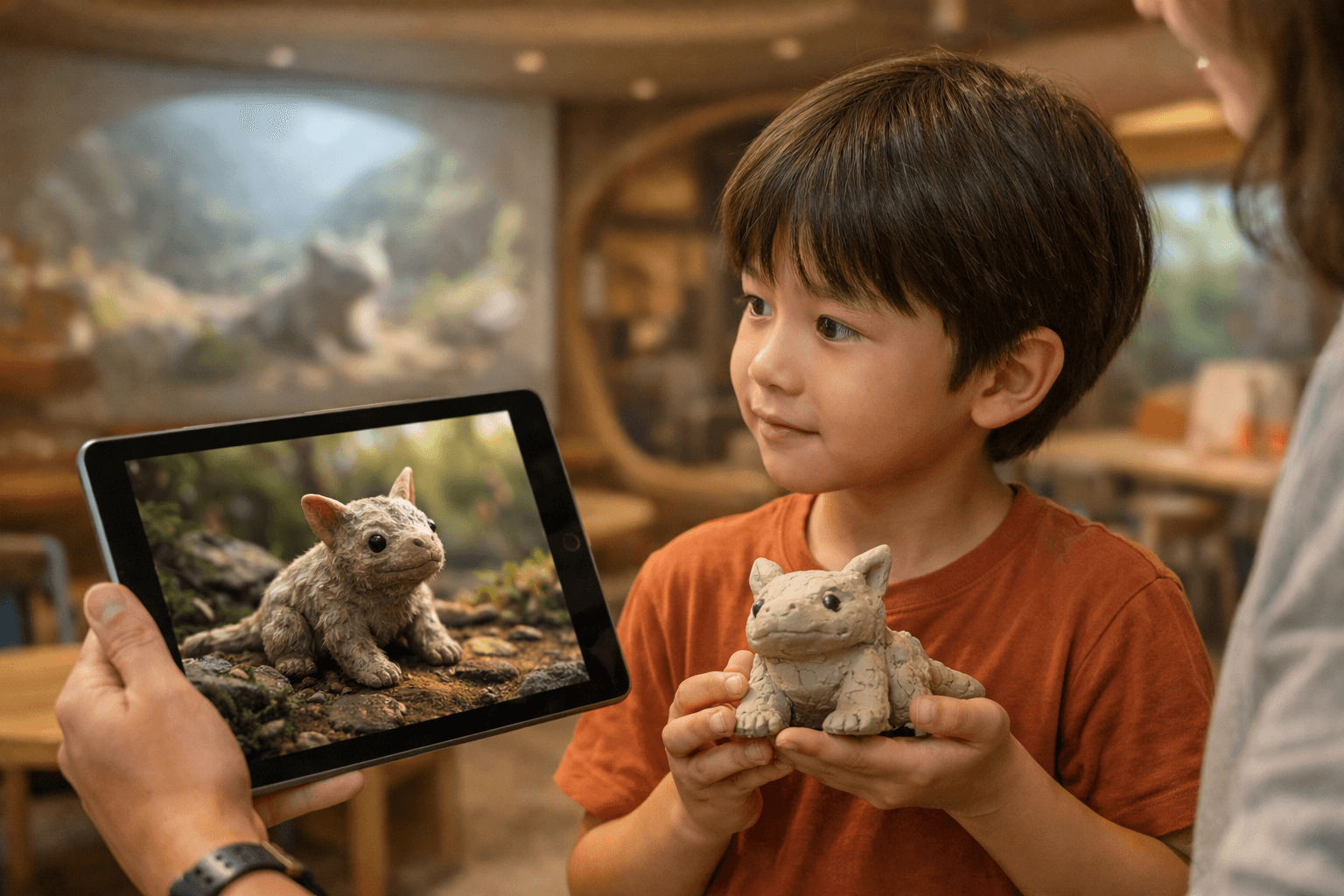 Boy holding clay cat while facilitator shows AI version on tablet