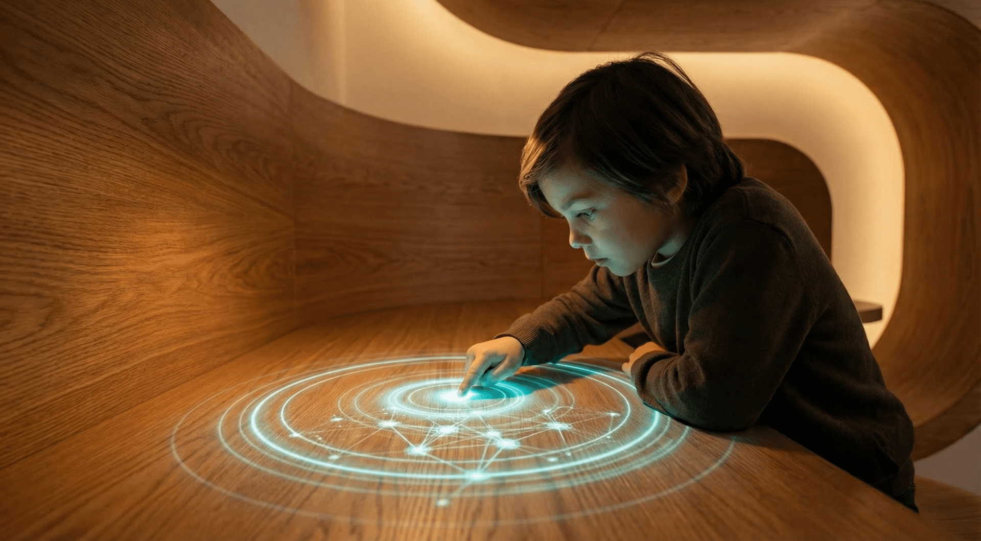 Boy touching holographic rings inside a sculptural pod