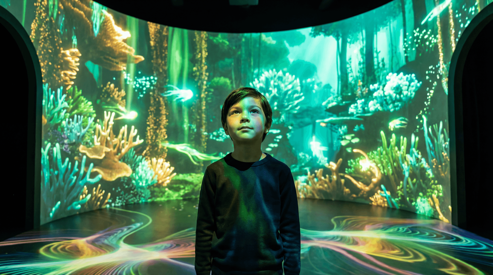 Boy standing in lush projected jungle environment