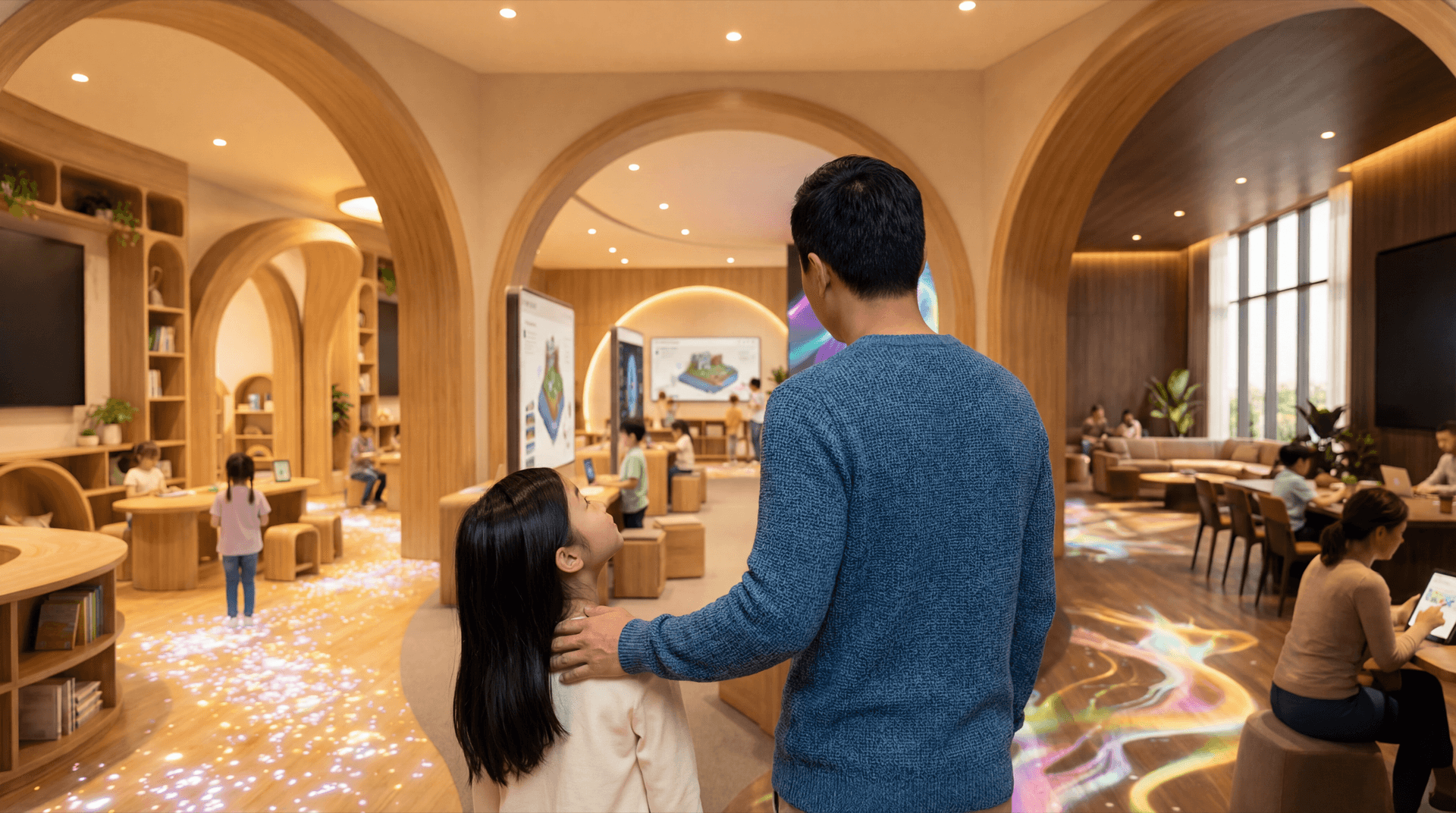 Father guiding daughter into Luminary's arched entrance space