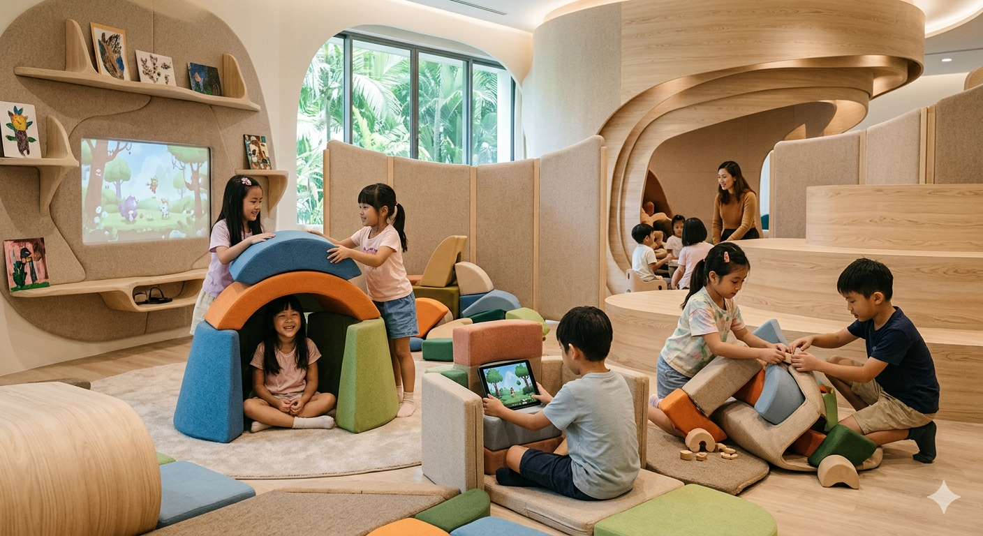 Children building forts and structures with AI-enabled sculpting blocks